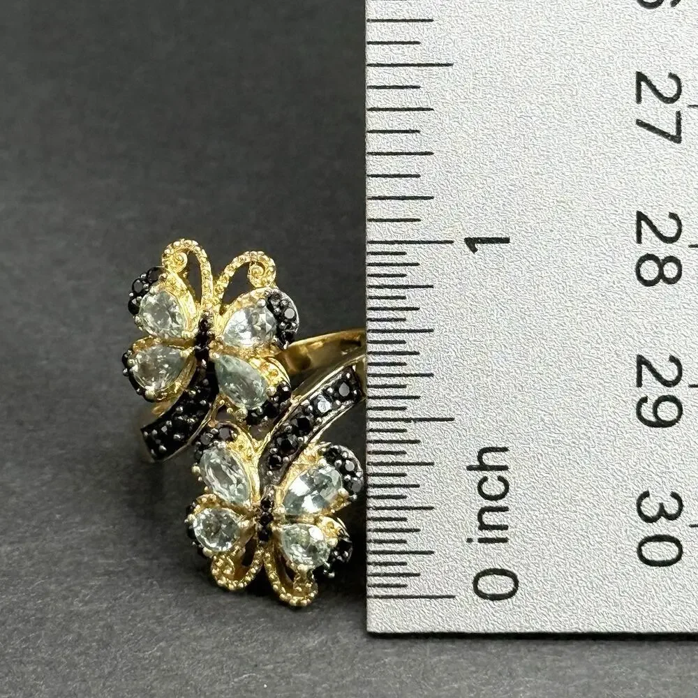 Signed STS 925 Sterling Silver Gold Plated Dual Butterfly Cocktail Ring Size 9